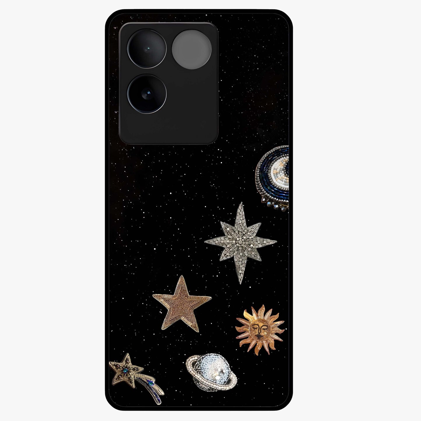 Galactic Charm Glow Glass Case showing flat back view with glowing celestial charm artwork and glossy glass finish.