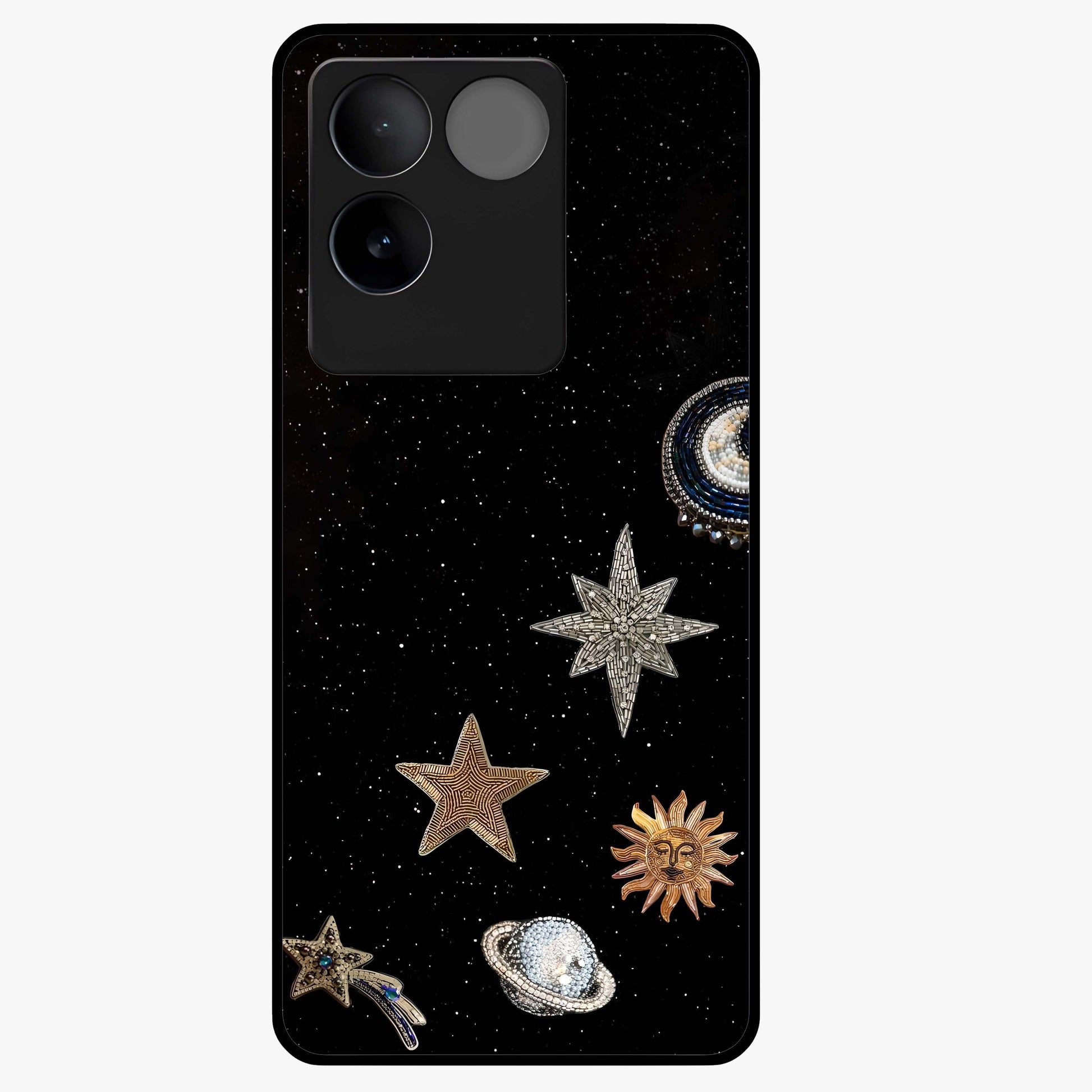 Galactic Charm Glow Glass Case showing flat back view with glowing celestial charm artwork and glossy glass finish.