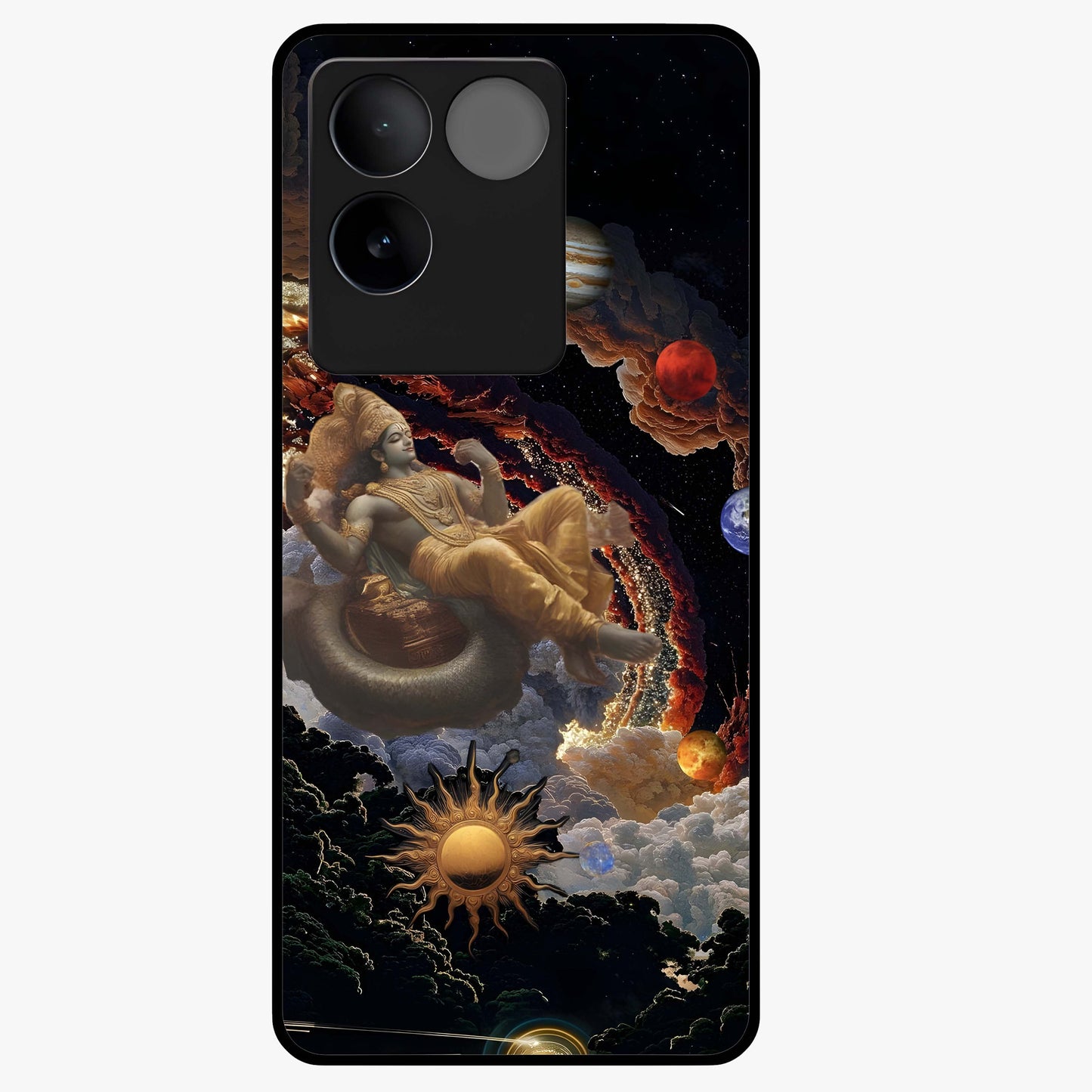 Galactic Divine God Glass Case showing flat back view with divine cosmic themed artwork and glossy glass finish.