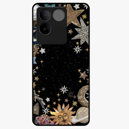 Galactic Jewel Stars Glass Case showing flat back view with sparkling star jewel artwork and glossy glass finish.