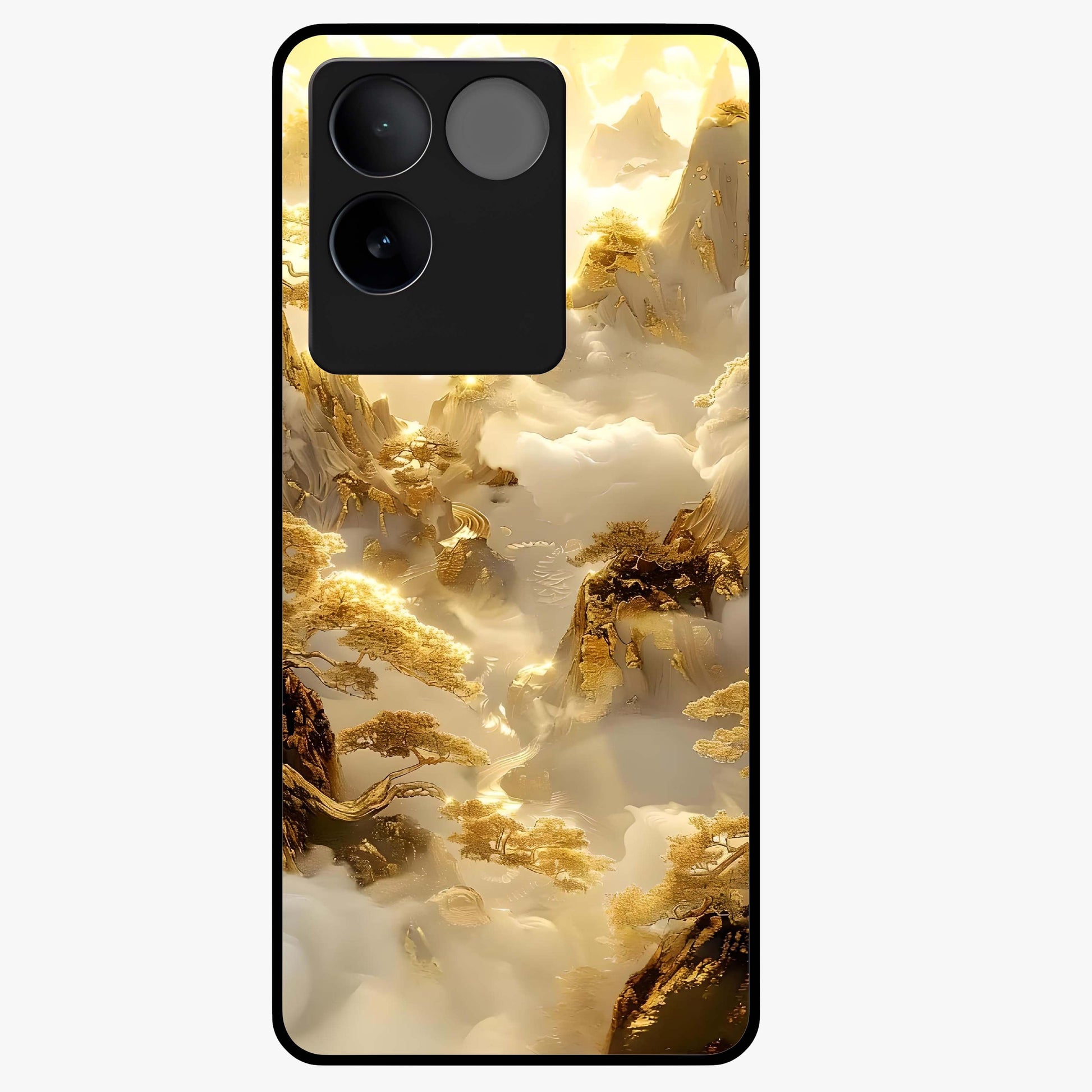 Gates Of Illumination Glass Case showing flat back view with mystical illuminated gate artwork and glossy glass finish.