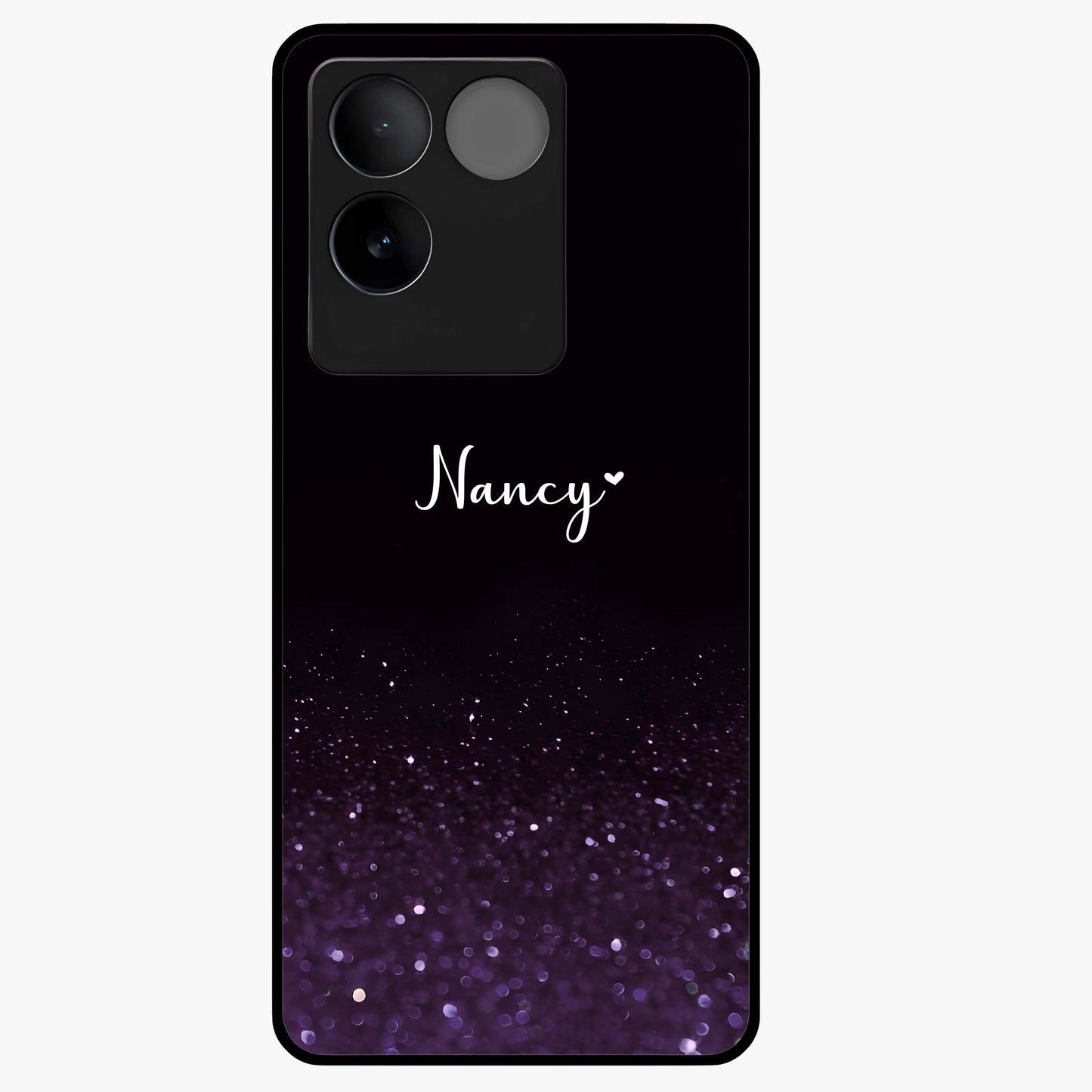 Glittery Purple Bokeh Custom Name Glass Case showing flat back view with purple bokeh sparkle artwork and personalized name design.