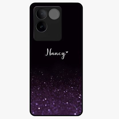 Glittery Purple Bokeh Custom Name Glass Case showing flat back view with purple bokeh sparkle artwork and personalized name design.