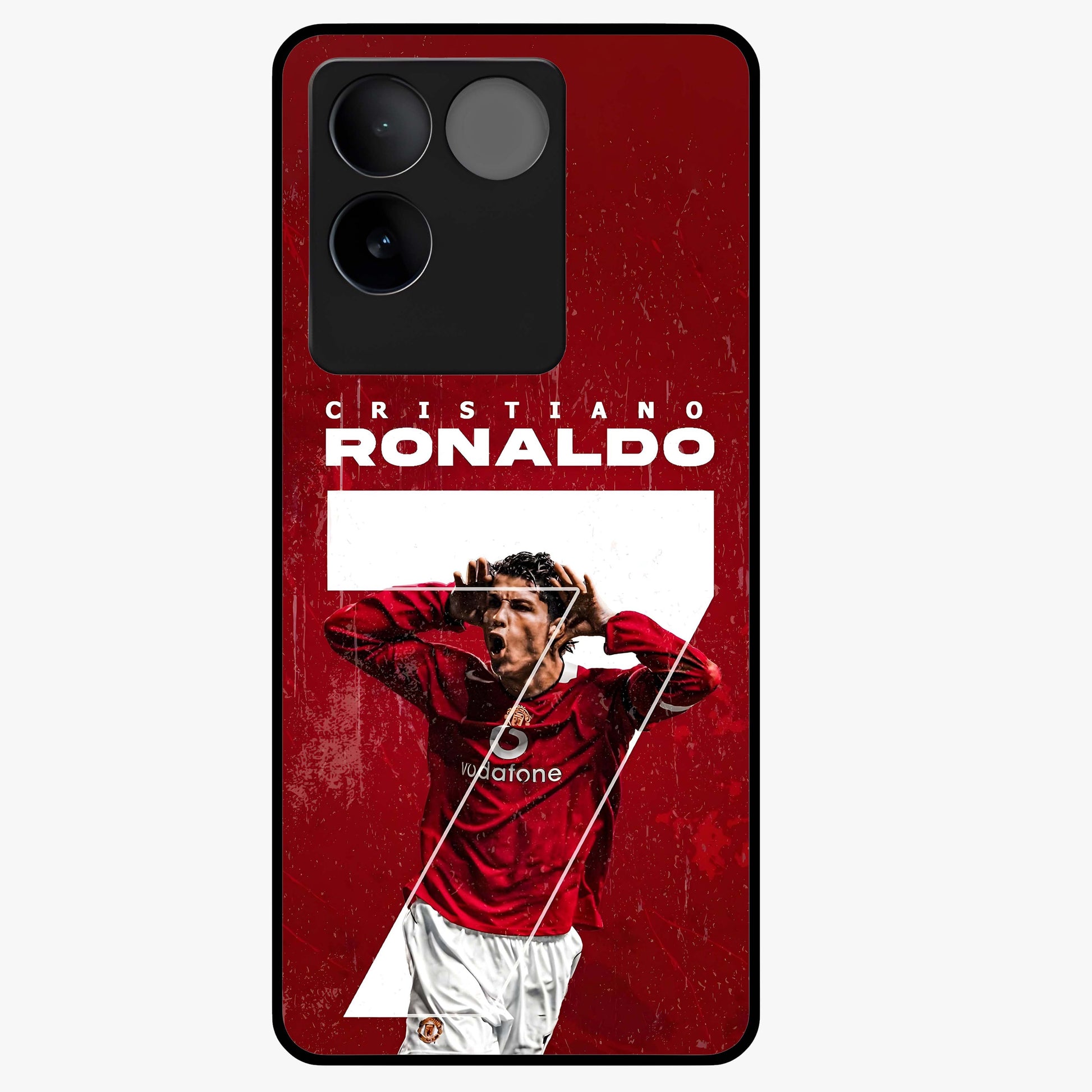 Goal Celebration Legacy Glass Case showing flat back view with football celebration inspired artwork and glossy glass finish.