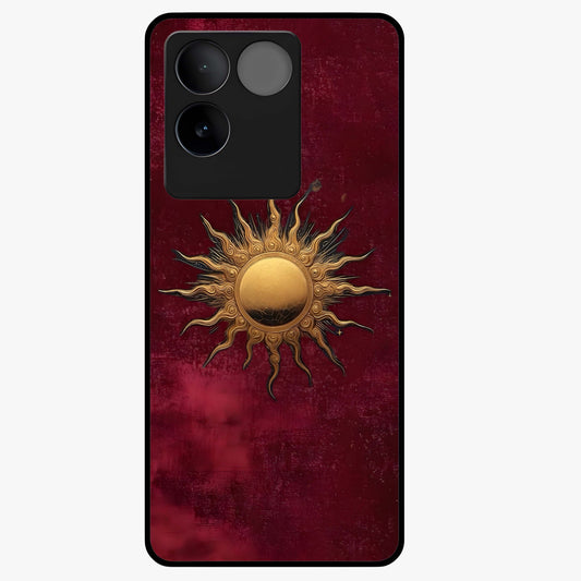 Gold Sun Blush Glass Case showing flat back view with golden sun inspired artwork and glossy glass finish.