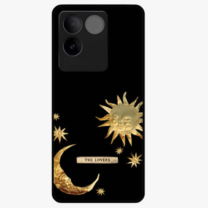 Golden Celestial Charm Glass Case showing flat back view with golden celestial charm artwork and glossy glass finish.
