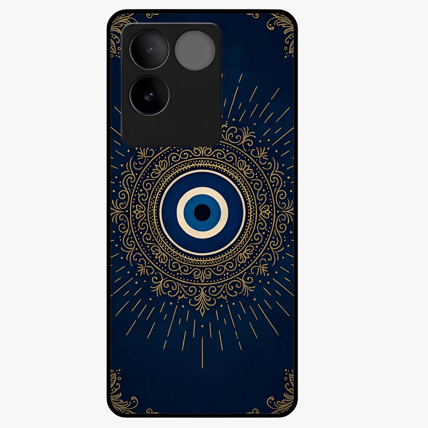 Golden Evil Eye Mandala Glass Case showing flat back view with intricate evil eye mandala artwork and glossy glass finish.