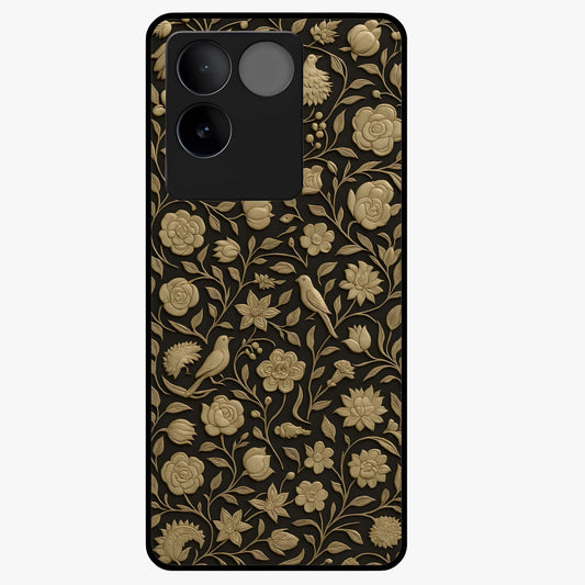 Golden Floral Majesty Glass Case showing flat back view with luxurious golden floral artwork and glossy glass finish.