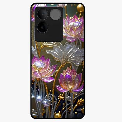 Golden Lotus Glow Glass Case showing flat back view with glowing lotus flower artwork and glossy glass finish.