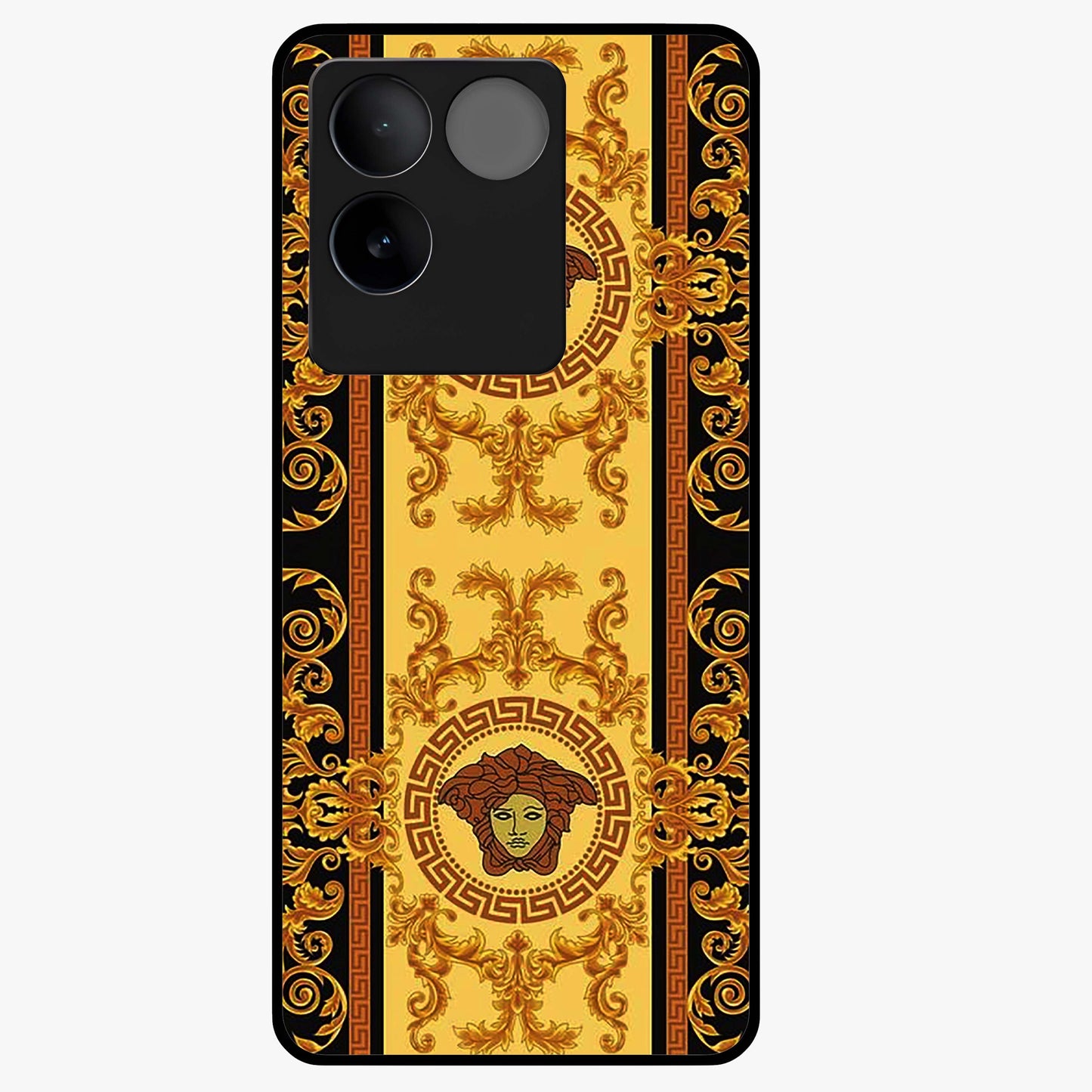 Golden Royal Heritage Glass Case showing flat back view with ornate royal pattern artwork and glossy glass finish.