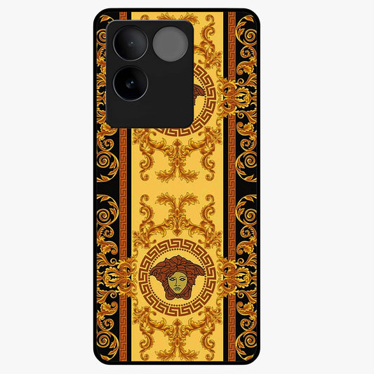 Golden Royal Heritage Glass Case showing flat back view with ornate royal pattern artwork and glossy glass finish.