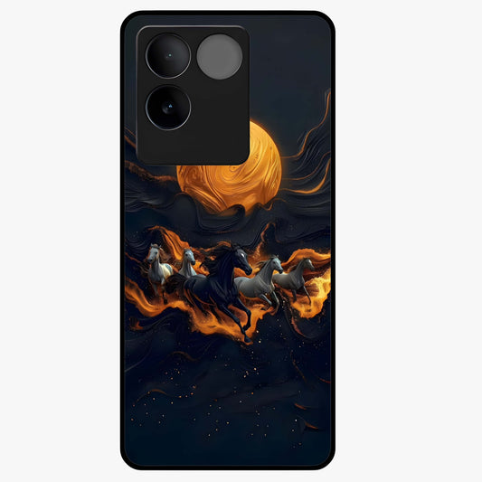Golden Stallion Moonride Glass Case showing flat back view with majestic horse under moonlight artwork and glossy glass finish.