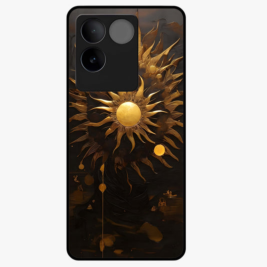 Golden Sun Majesty Glass Case showing flat back view with radiant golden sun artwork and glossy glass finish.