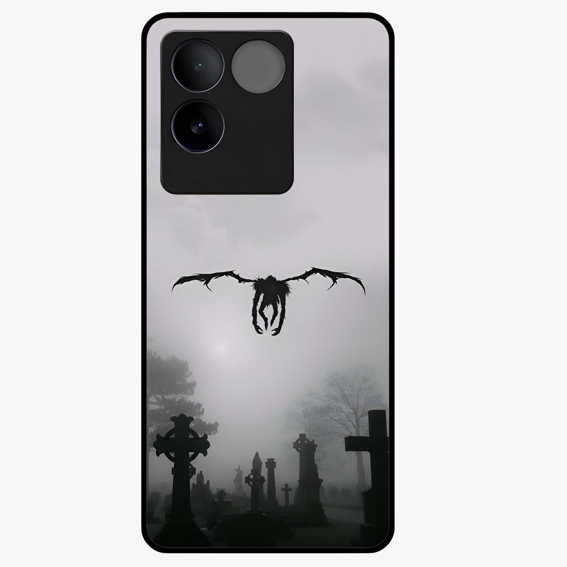 Graveyard Shadow Descent Glass Case showing flat back view with dark graveyard themed artwork and glossy glass finish.