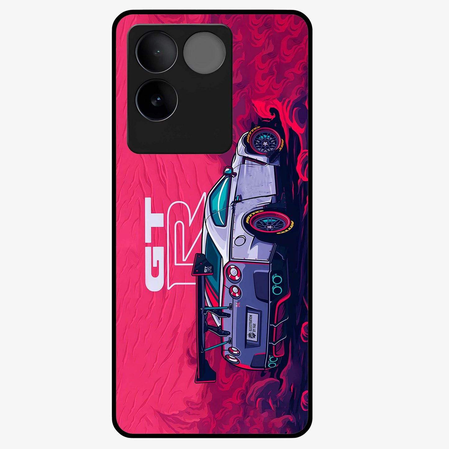 GT-R Car Pattern Glass Case showing flat back view with sporty car inspired pattern artwork and glossy glass finish.