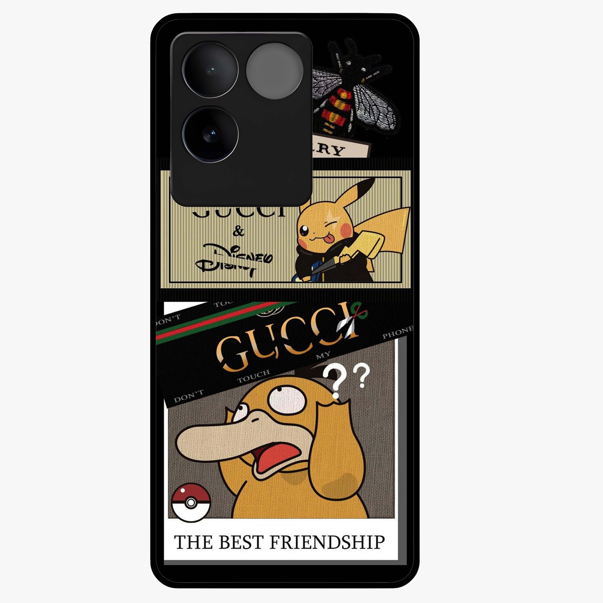 Gucci Play Mashup Glass Case showing flat back view with luxury inspired graphic artwork and glossy glass finish.