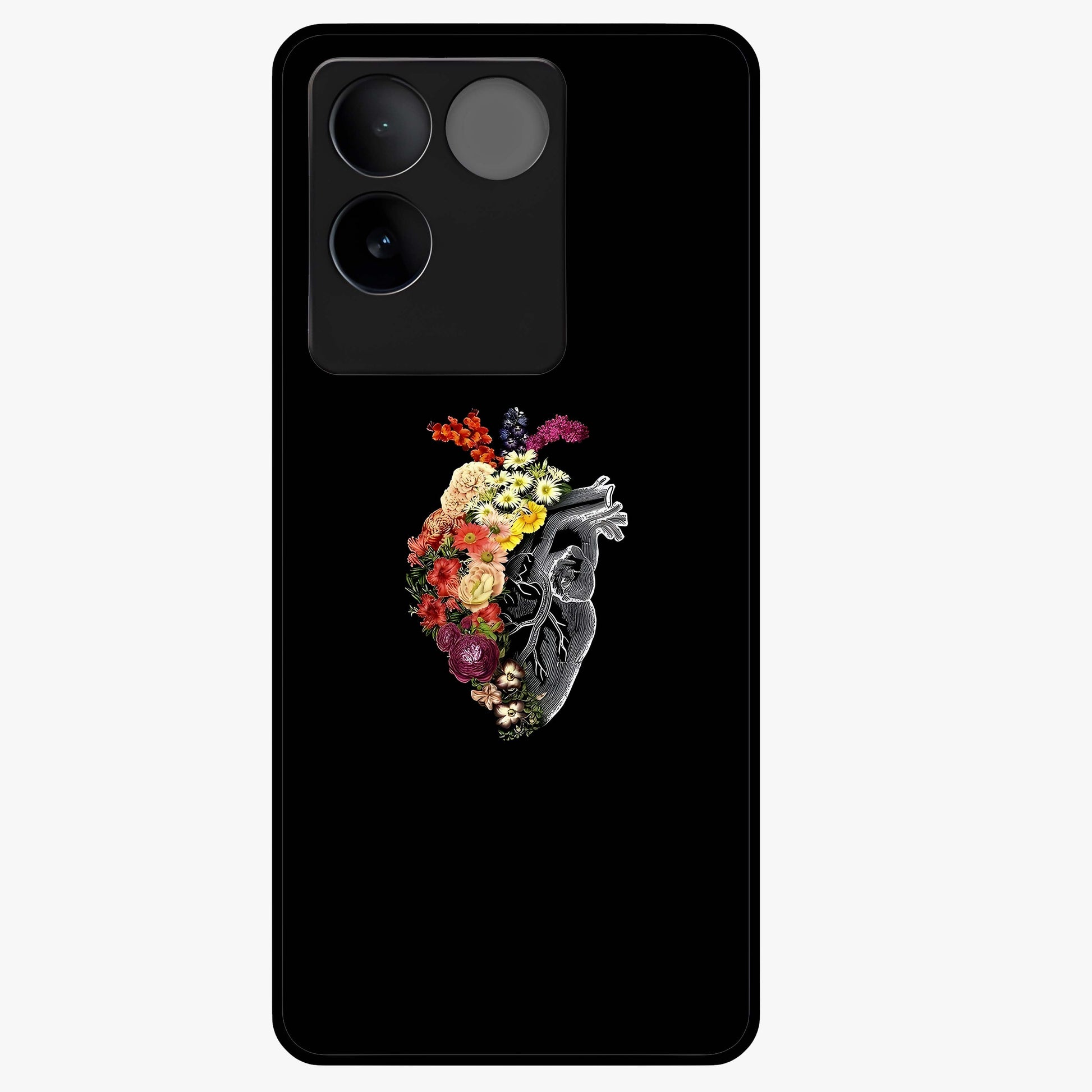 Heart With Flowers Glass Case showing flat back view with heart shaped floral artwork and glossy glass finish.