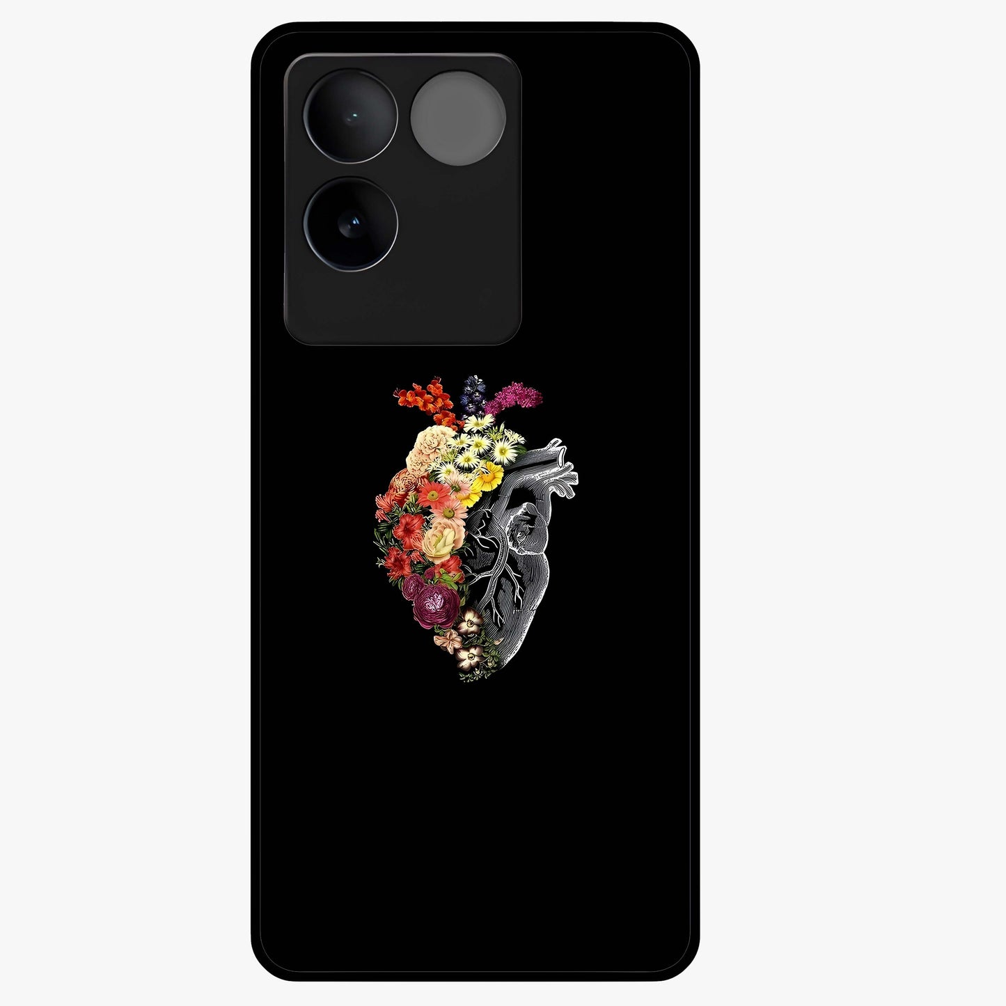 Heart With Flowers Glass Case showing flat back view with heart shaped floral artwork and glossy glass finish.