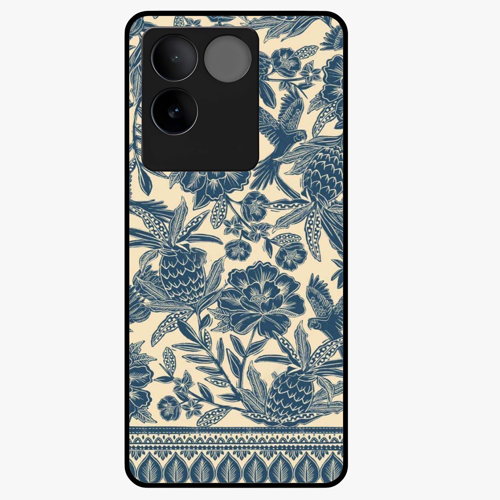 Heirloom Wild Bloom Glass Case showing flat back view with vintage inspired wild flower artwork and glossy glass finish.