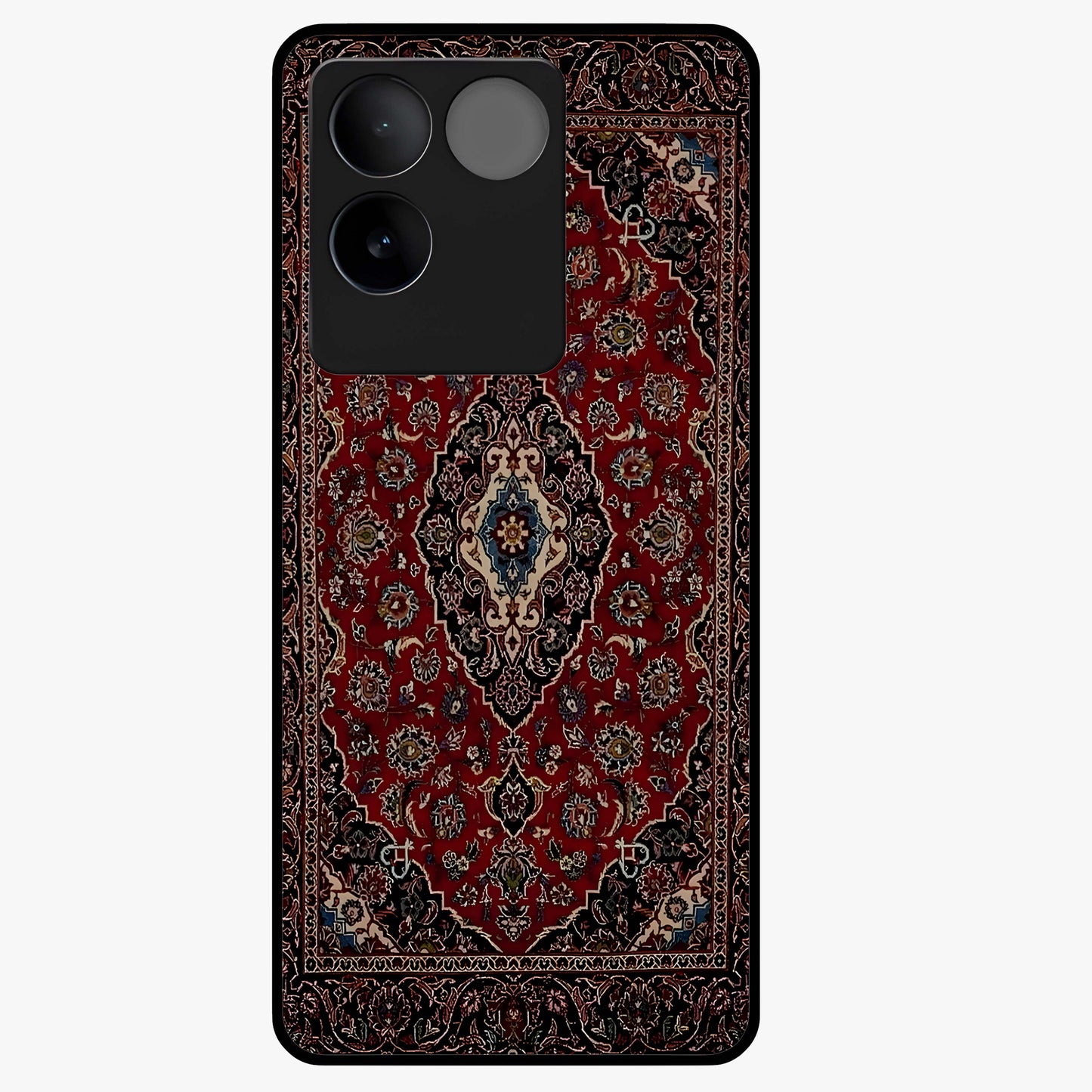 Heritage Carpet Royale Glass Case showing flat back view with ornate Persian carpet inspired pattern and glossy glass finish.