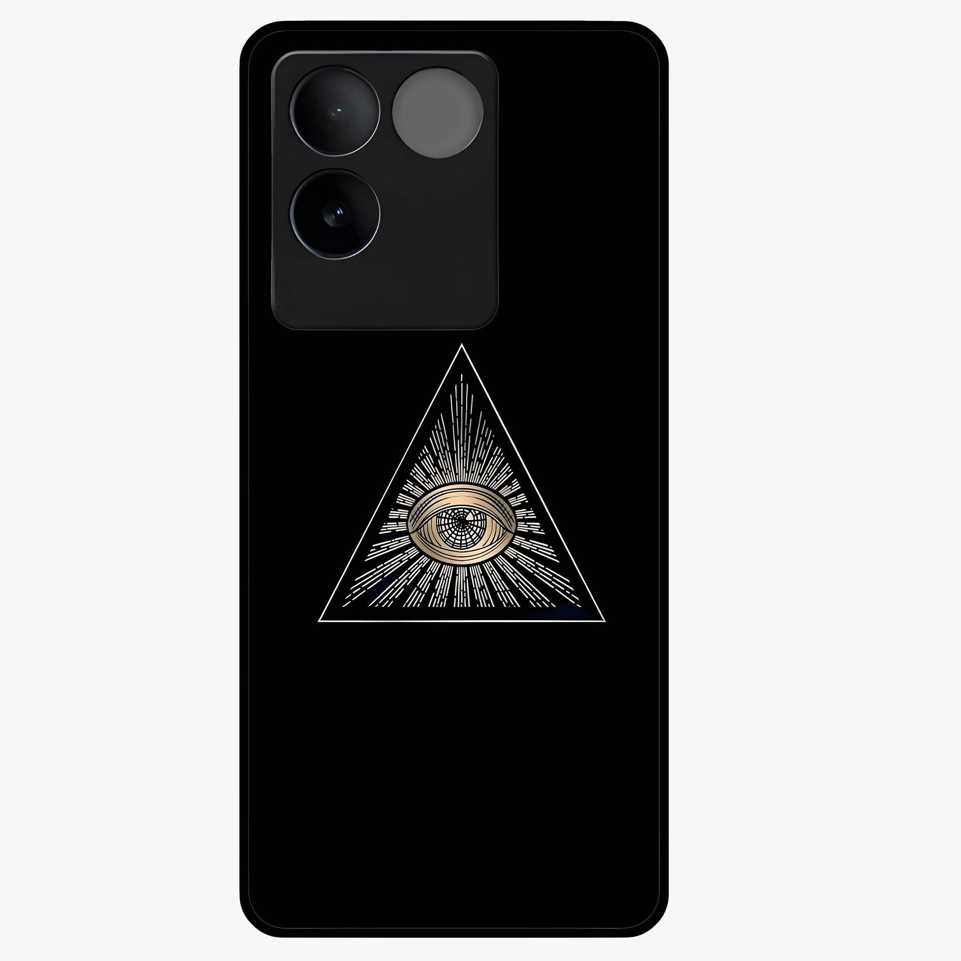 Illuminati Evil Glass Case showing flat back view with mysterious illuminati symbol artwork and glossy glass finish.