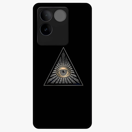 Illuminati Evil Glass Case showing flat back view with mysterious illuminati symbol artwork and glossy glass finish.