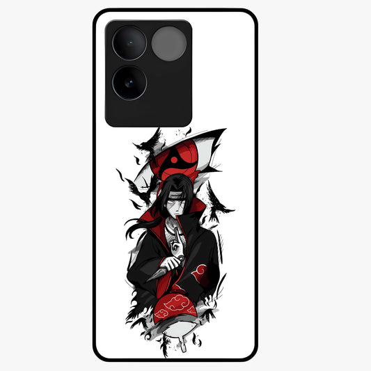 Itachi Sharingan Glass Case showing flat back view with powerful anime eye artwork and glossy glass finish.