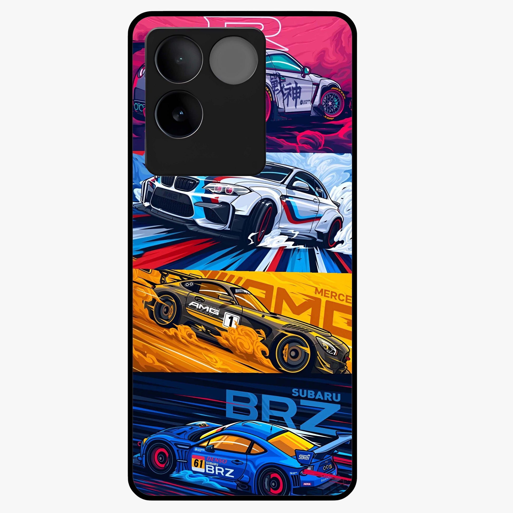 JDM Sports Car Glass Case showing flat back view with high performance sports car artwork and glossy glass finish.