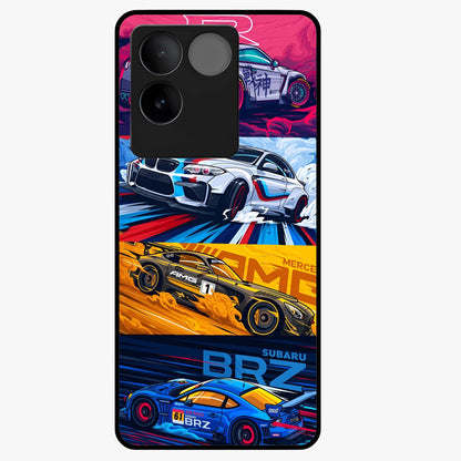 JDM Sports Car Glass Case showing flat back view with high performance sports car artwork and glossy glass finish.