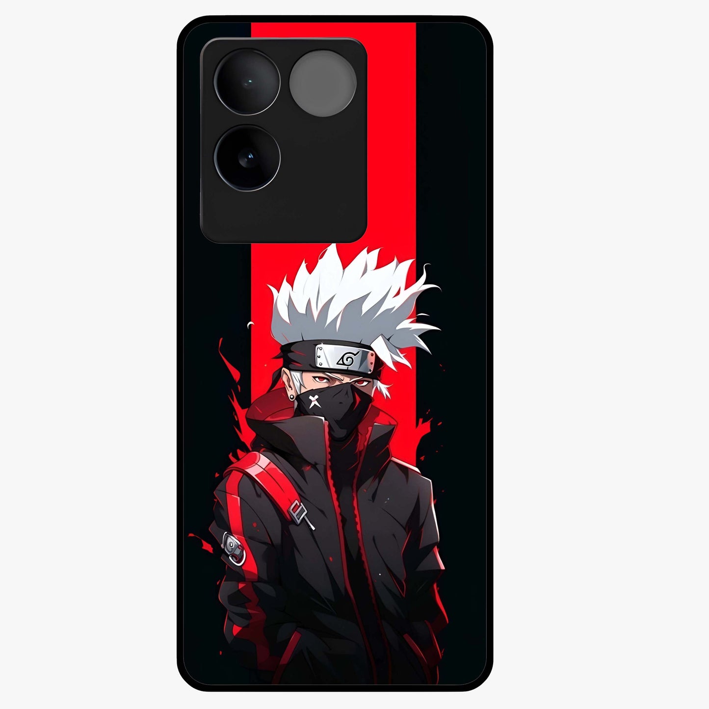Kakashi Scarlet Shadow Glass Case showing flat back view with powerful anime ninja artwork and glossy glass finish.