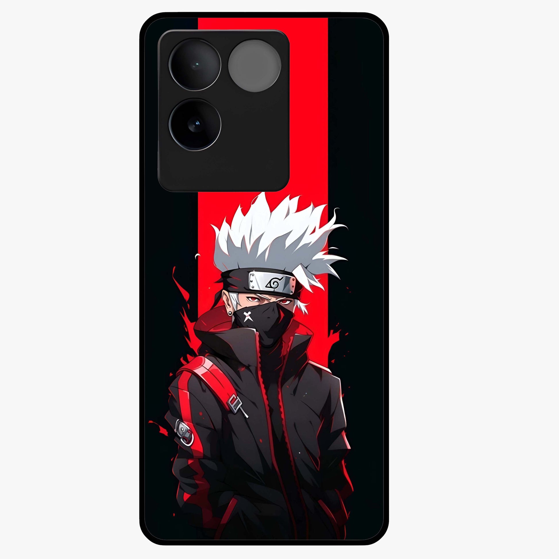Kakashi Scarlet Shadow Glass Case showing flat back view with powerful anime ninja artwork and glossy glass finish.