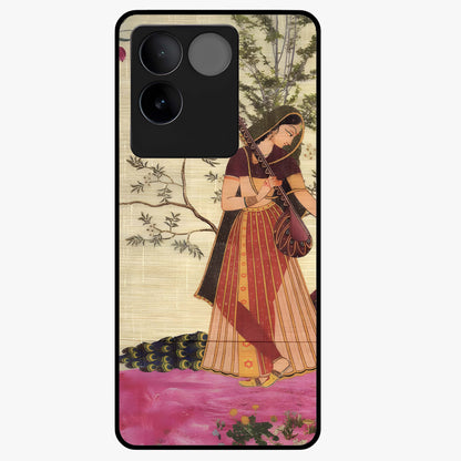 Lady With Veena Art Glass Case showing flat back view with elegant woman playing veena artwork and glossy glass finish.