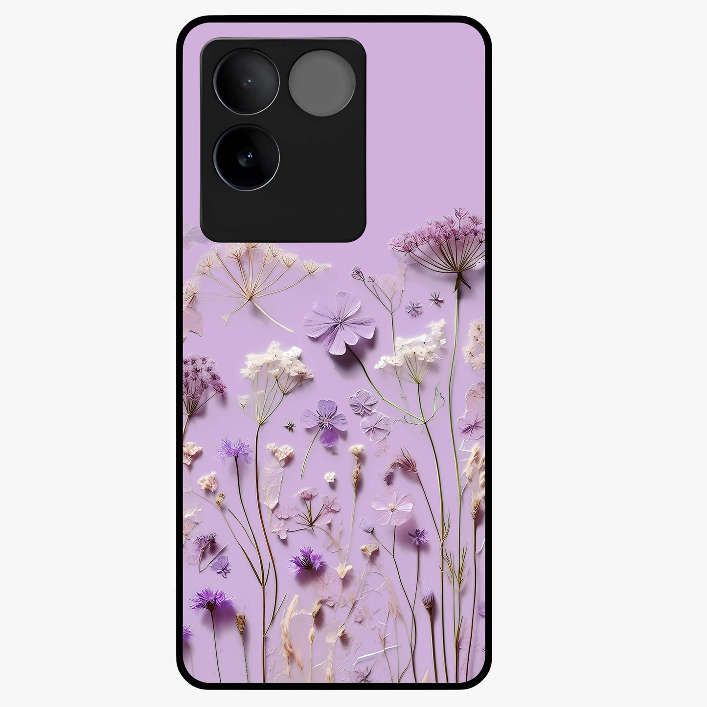 Lavender Blossom Dream Glass Case showing flat back view with soft lavender floral artwork and glossy glass finish.