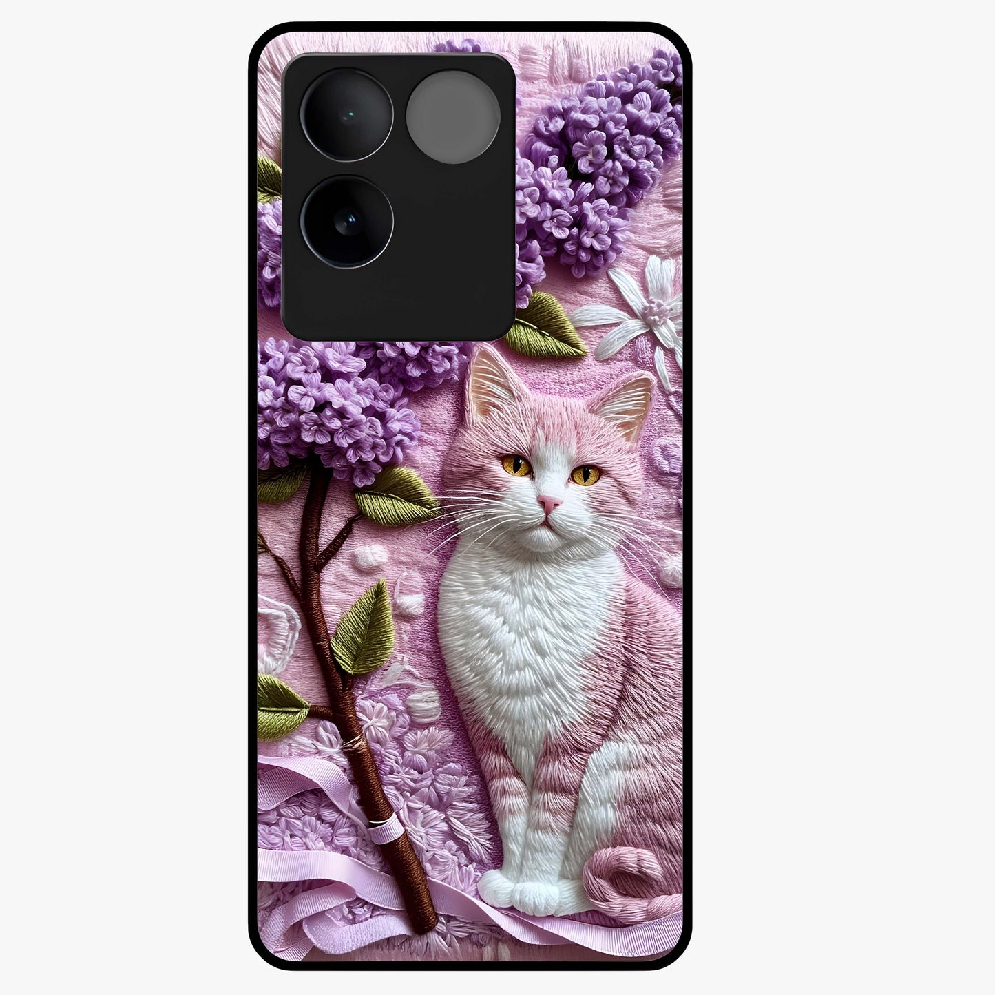 Lavender Cat Whimsy Glass Case showing flat back view with cute lavender cat artwork and glossy glass finish.