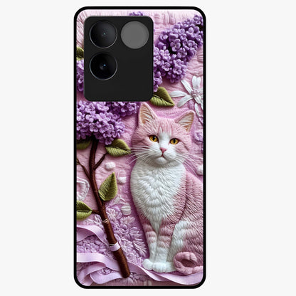 Lavender Cat Whimsy Glass Case showing flat back view with cute lavender cat artwork and glossy glass finish.