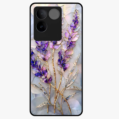 Lavender Dream Glow Glass Case showing flat back view with glowing lavender aesthetic artwork and glossy glass finish.