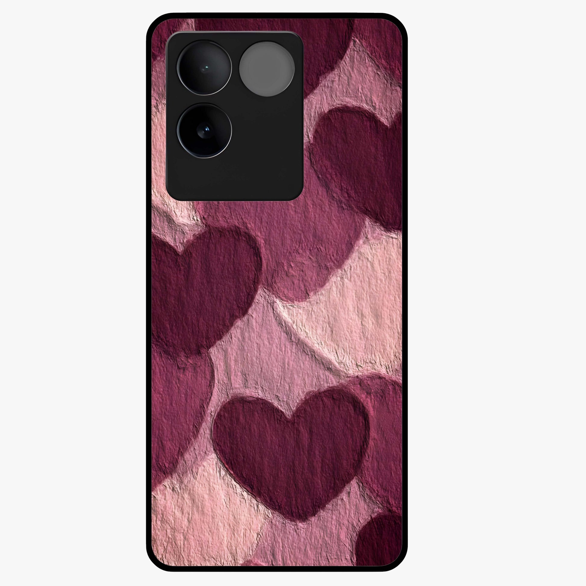 Layered Paper Hearts Glass Case showing flat back view with layered paper heart artwork and glossy glass finish.