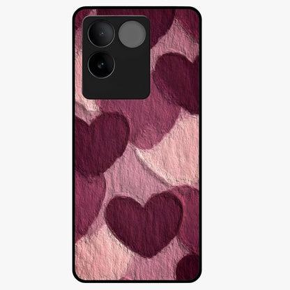 Layered Paper Hearts Glass Case showing flat back view with layered paper heart artwork and glossy glass finish.