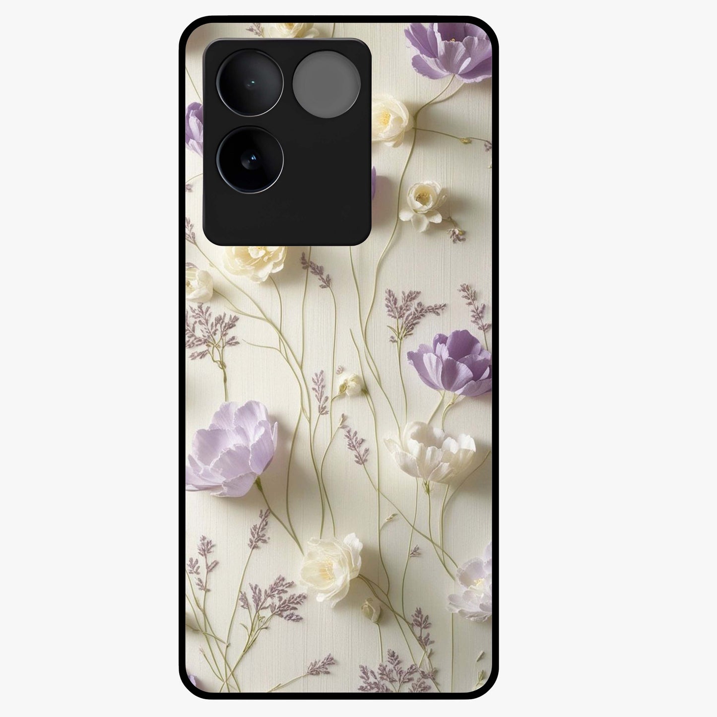 Lilac Breeze Harmony Glass Case showing flat back view with soft lilac themed artwork and glossy glass finish.
