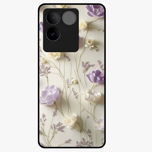 Lilac Breeze Harmony Glass Case showing flat back view with soft lilac themed artwork and glossy glass finish.