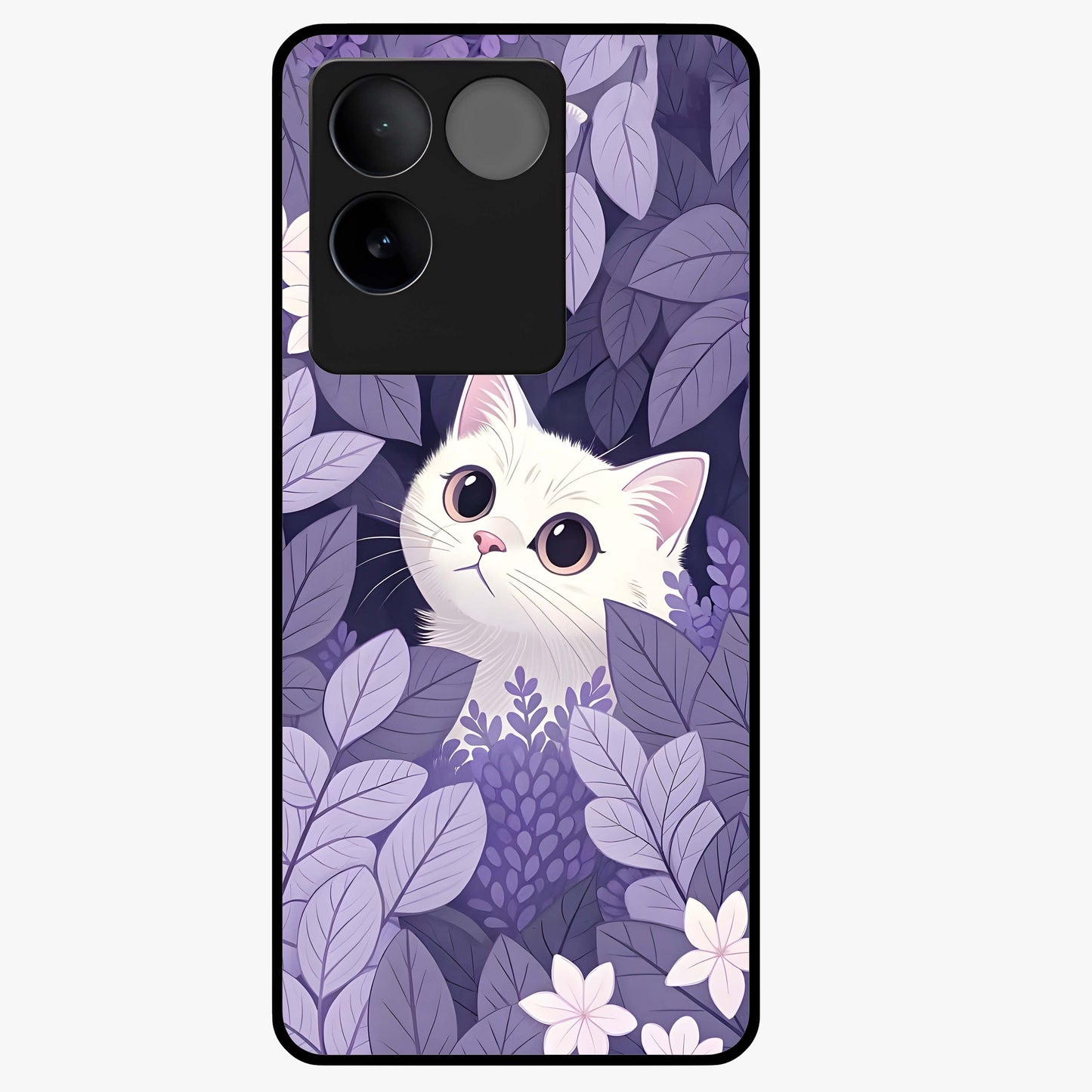 Lilac Hide Peek Cat Glass Case showing flat back view with cute peeking cat artwork and glossy glass finish.