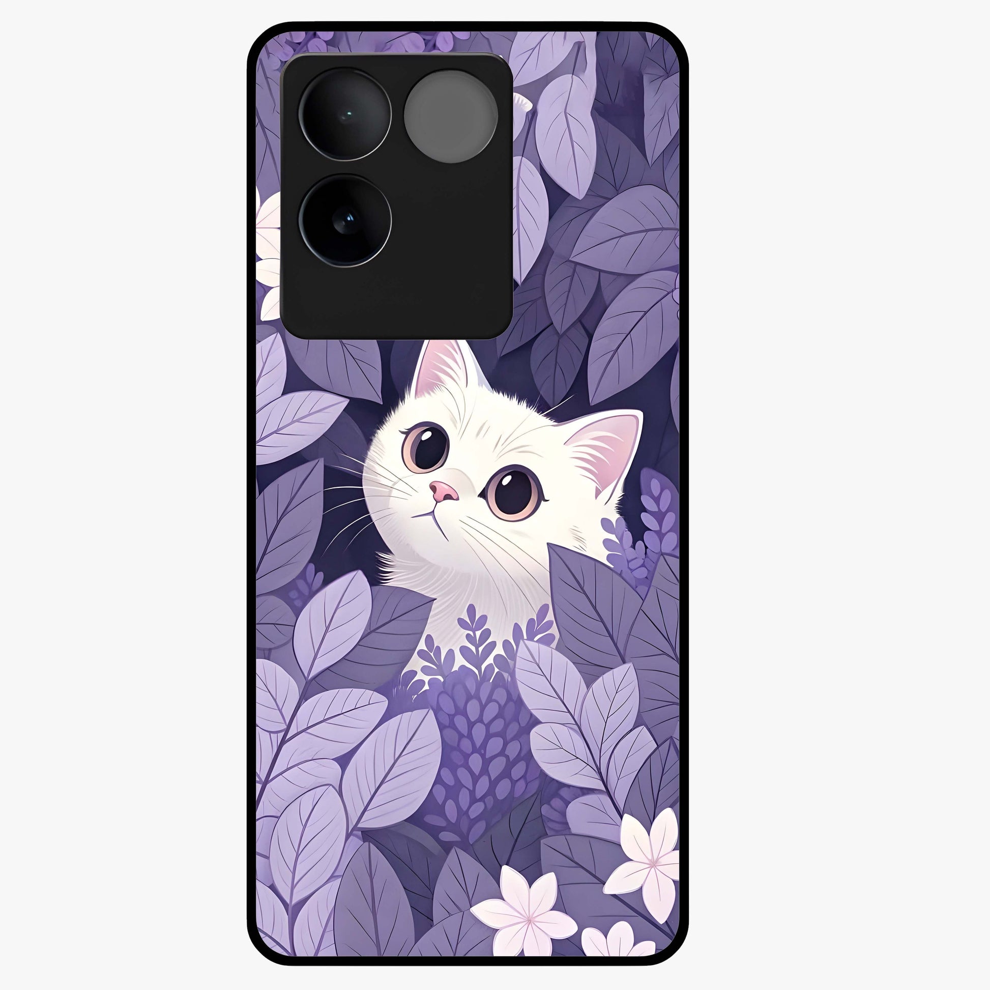 Lilac Hide Peek Cat Glass Case showing flat back view with cute peeking cat artwork and glossy glass finish.