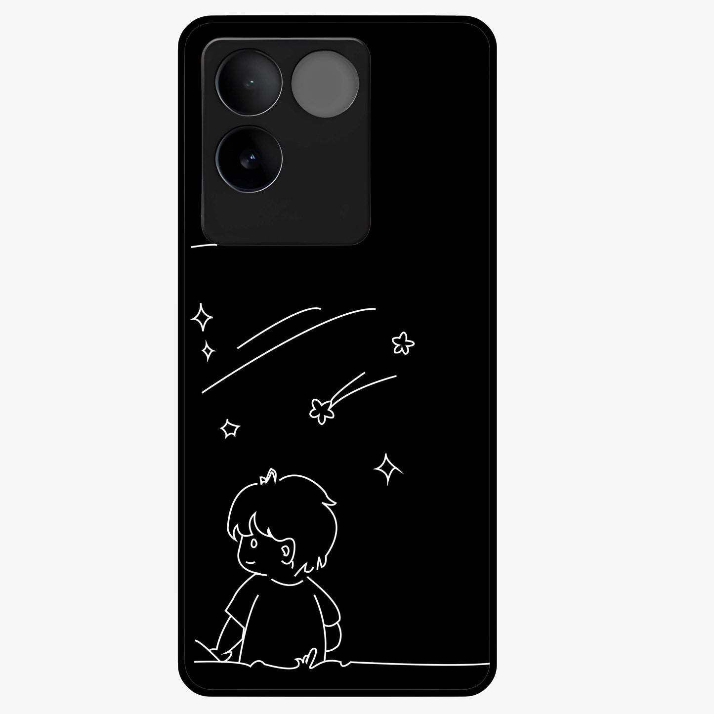 Line Art Boy With Shooting Stars Glass Case showing flat back view with minimal line art boy and shooting stars illustration and glossy glass finish.