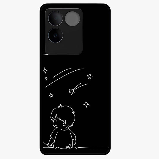 Line Art Boy With Shooting Stars Glass Case showing flat back view with minimal line art boy and shooting stars illustration and glossy glass finish.