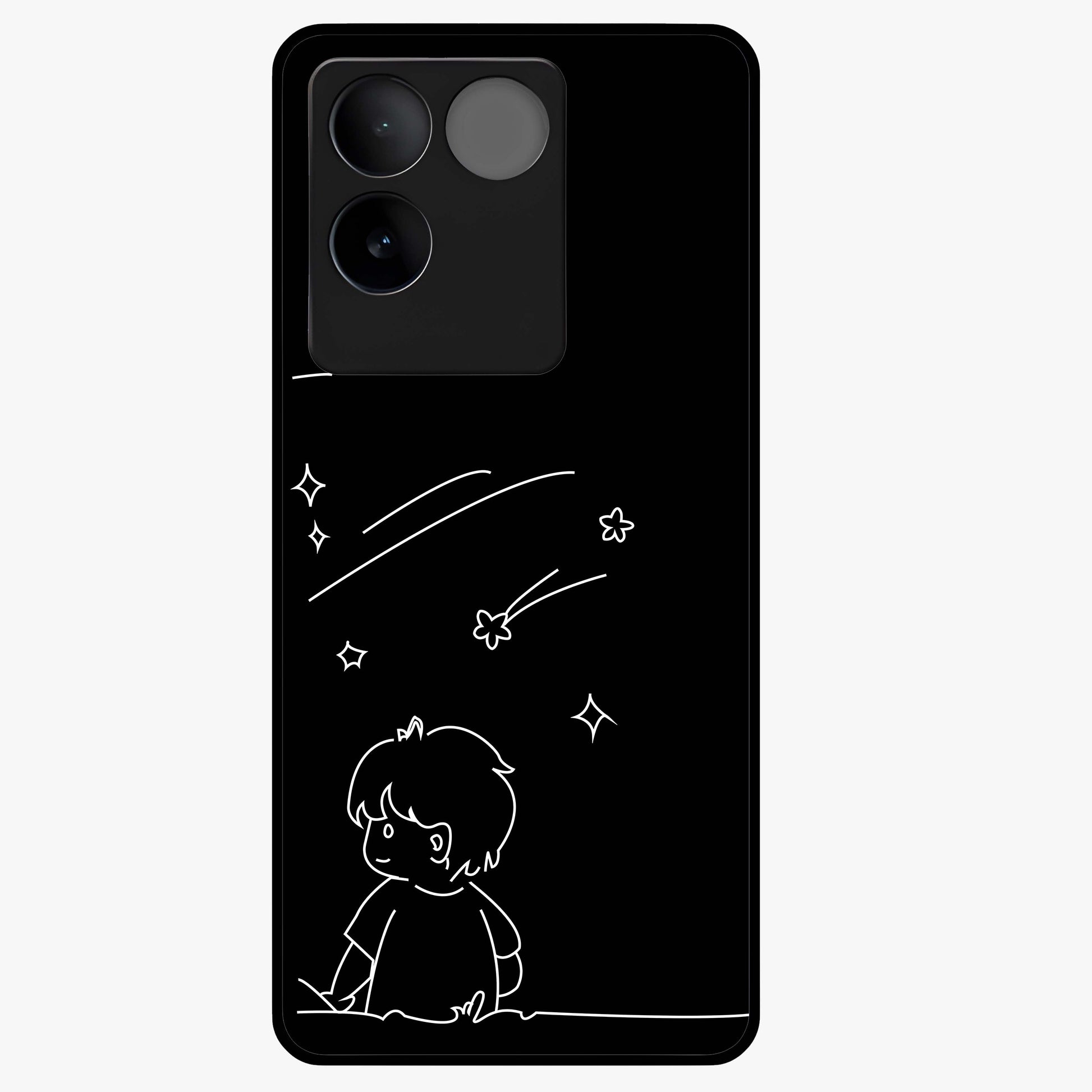 Line Art Boy With Shooting Stars Glass Case showing flat back view with minimal line art boy and shooting stars illustration and glossy glass finish.