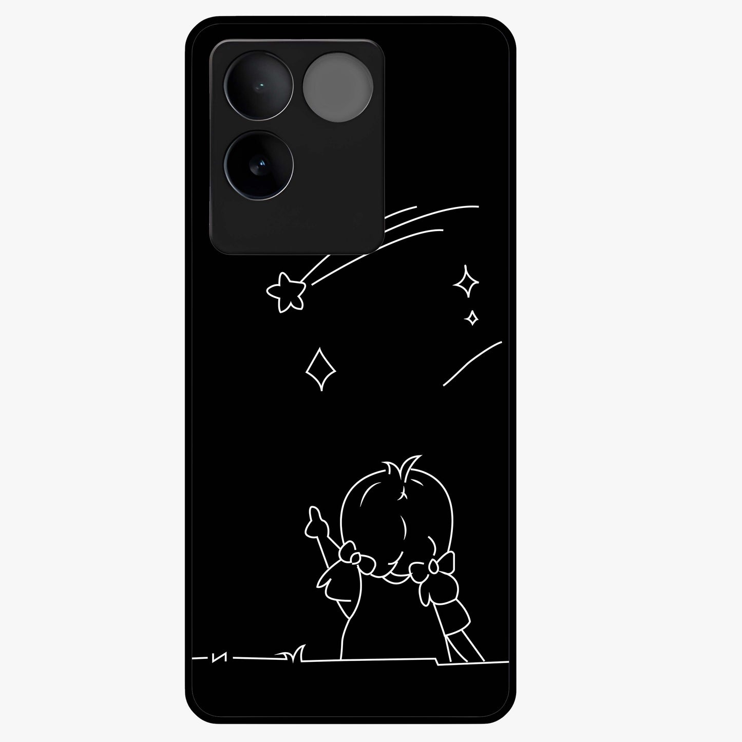 Line Art Girl With Shooting Stars Glass Case showing flat back view with minimal line art girl and shooting stars illustration and glossy glass finish.