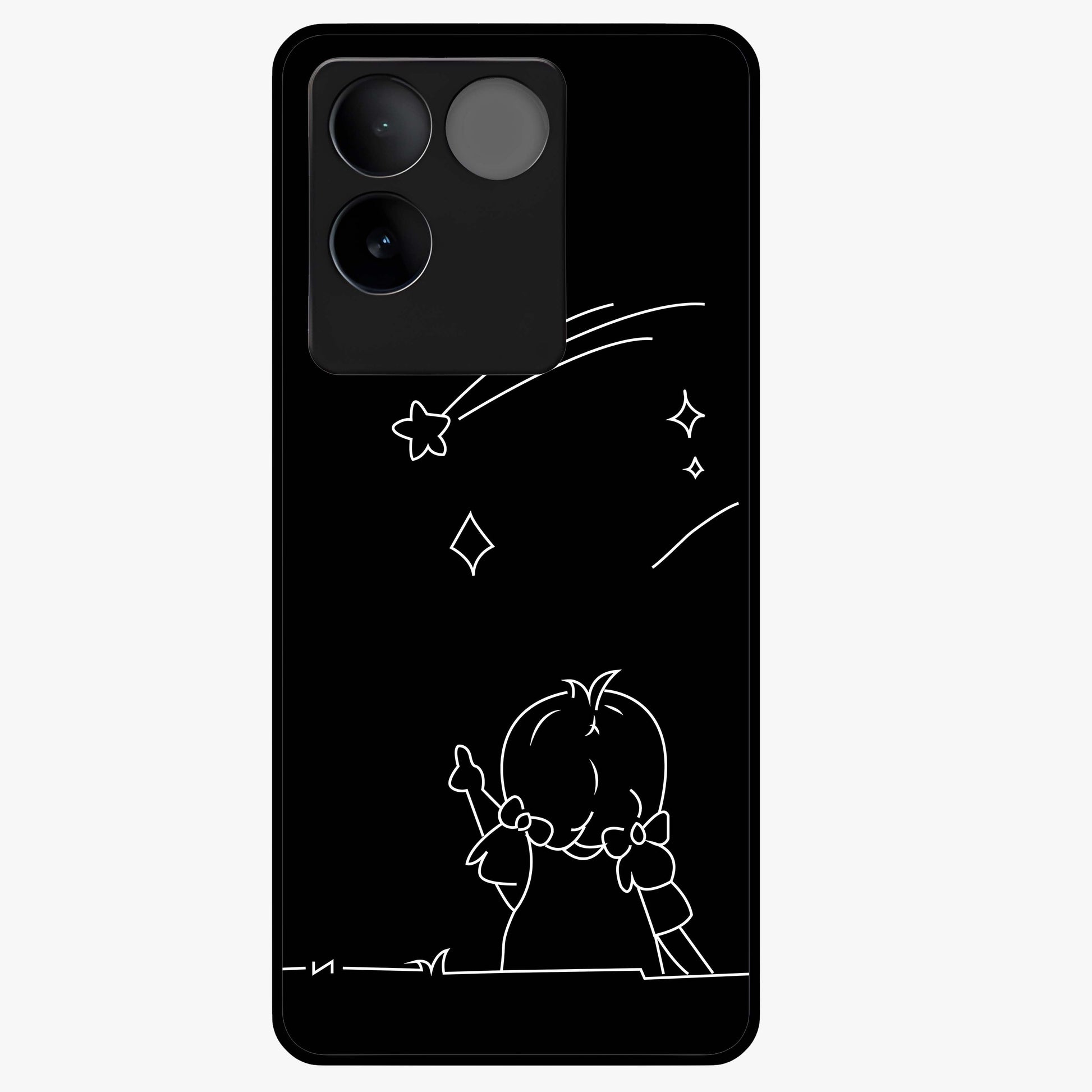 Line Art Girl With Shooting Stars Glass Case showing flat back view with minimal line art girl and shooting stars illustration and glossy glass finish.
