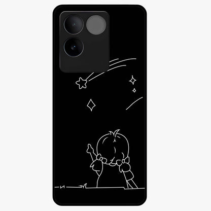Line Art Girl With Shooting Stars Glass Case showing flat back view with minimal line art girl and shooting stars illustration and glossy glass finish.