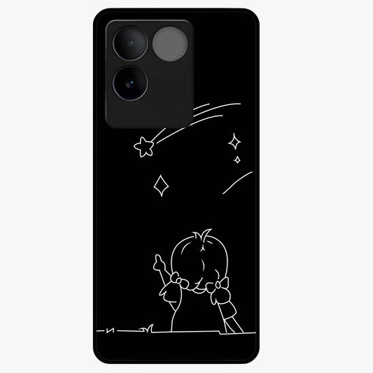 Line Art Girl With Shooting Stars Glass Case showing flat back view with minimal line art girl and shooting stars illustration and glossy glass finish.