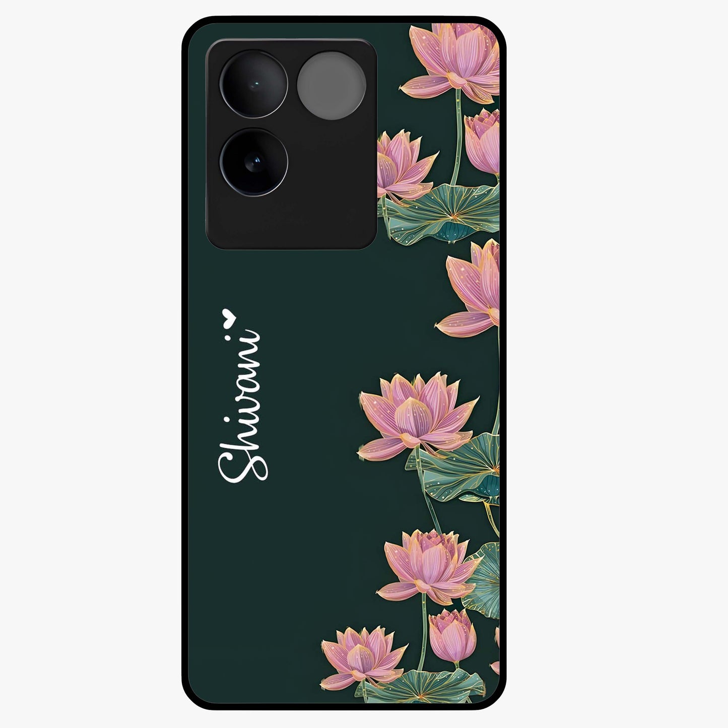 Lotus Bloom Serenity Custom Name Glass Case showing flat back view with elegant lotus flower artwork and personalized name design.